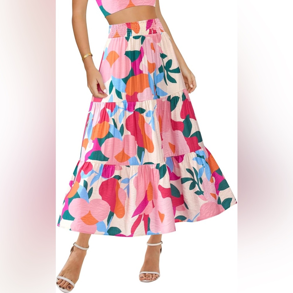 BTFBM Womens Tiered‎ Maxi Skirt Abstract Floral Smocked Waist Pockets Size Large